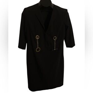 Elegant Black collard Shift V Neck midi / Mini Suit dress with Gold Accents